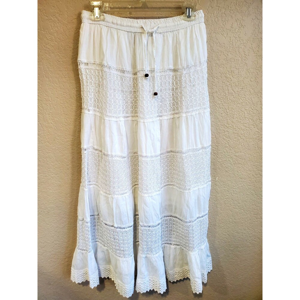 NAOO Tiered Maxi Skirt Cottage Core Romantic Boho Coastal Beachy Lace White M